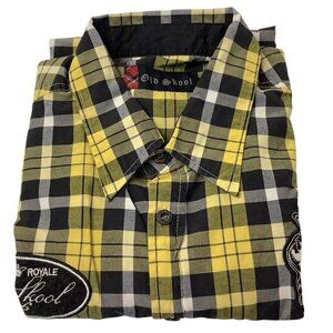 Old Skool Mens Yellow Plaid Button Up Shirt Size Large